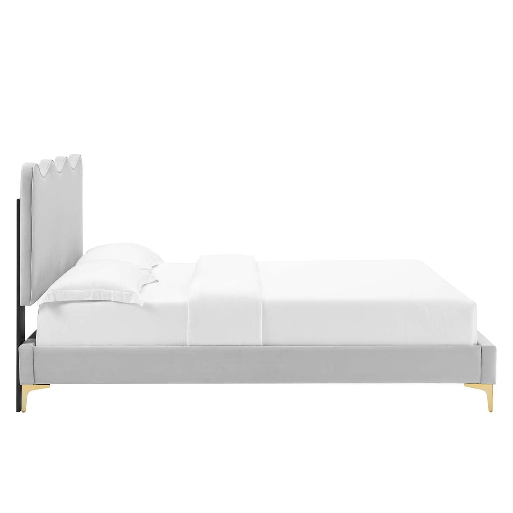 Modway Performance Velvet Full Platform Bed in Light Gray with Gold Legs