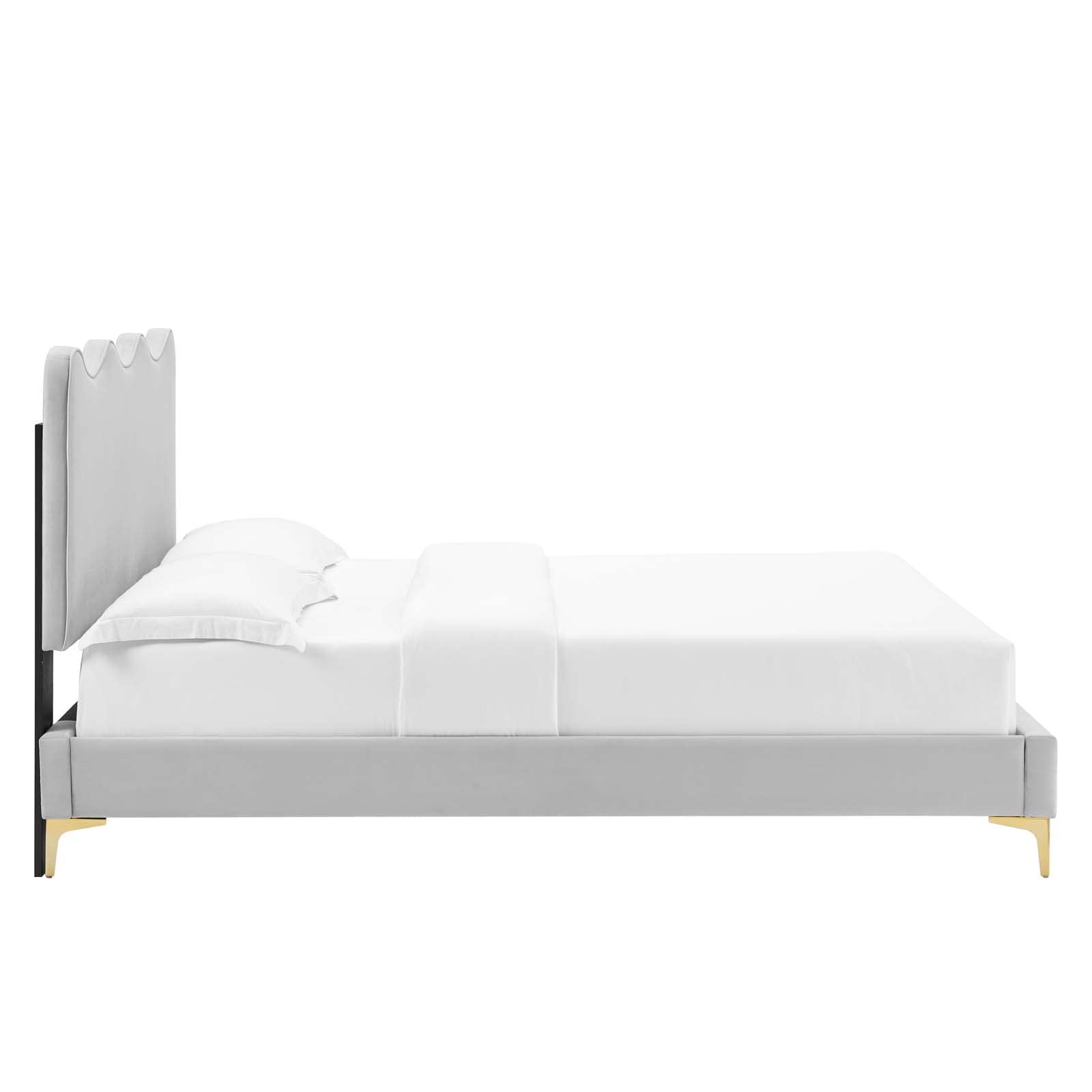 Modway Performance Velvet Full Platform Bed in Light Gray with Gold Legs