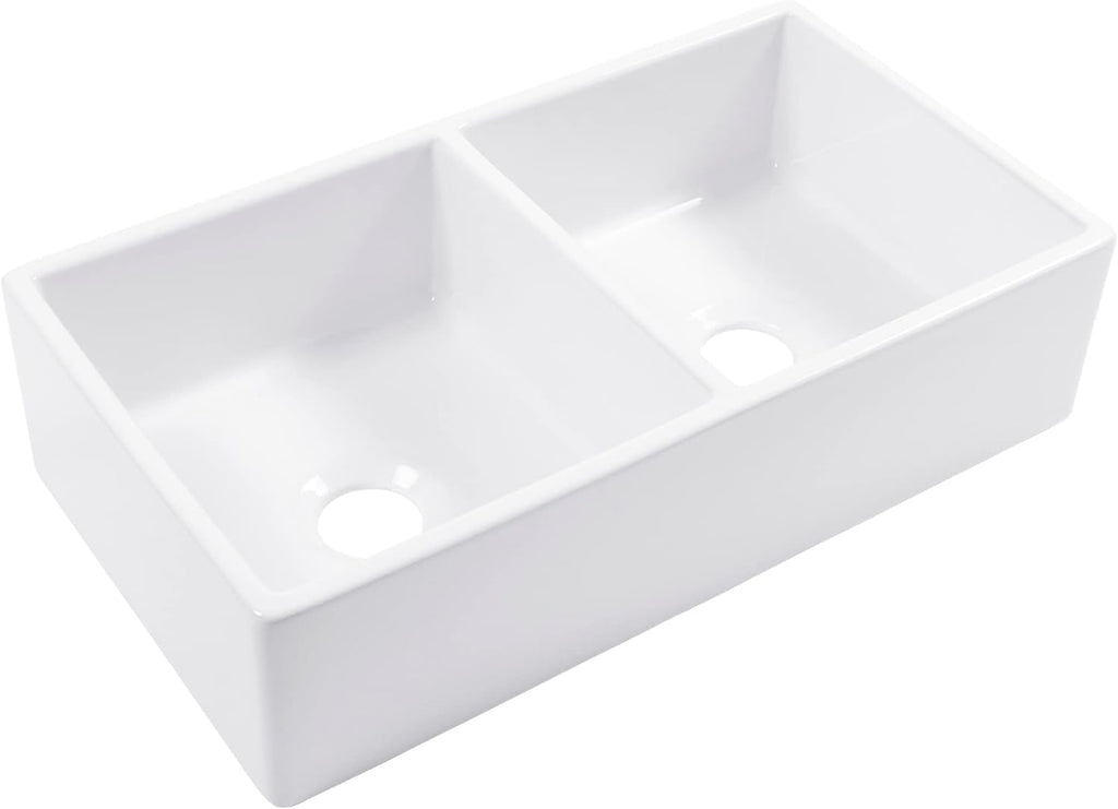 Sinkology Turner 33 Inch Fireclay Farmhouse Apron Front Double Bowl Kitchen Sink - White, Handcrafted with SureFire Chip-Resistant Glaze, Sinkology Everyday Warranty, 33 x 18 in, Fits 36" Cabinet