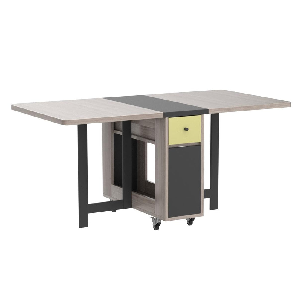 FUNROLUX Folding Dining Table with Storage Rack and 2 Drawers, Movable Kitchen Table Extendable Versatile Table Space Saving Foldable in 3 Forms (Grey)