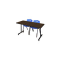 Regency Kobe 72 x 30 in. T-Base Training Seminar Table- Neo Walnut, 2 M Stack Chairs- Blue