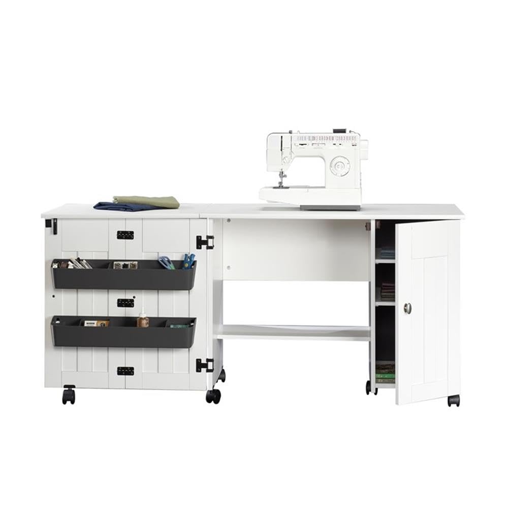 Sauder Folding SewingTable & Craft Cart Storage Cabinet, in Soft White