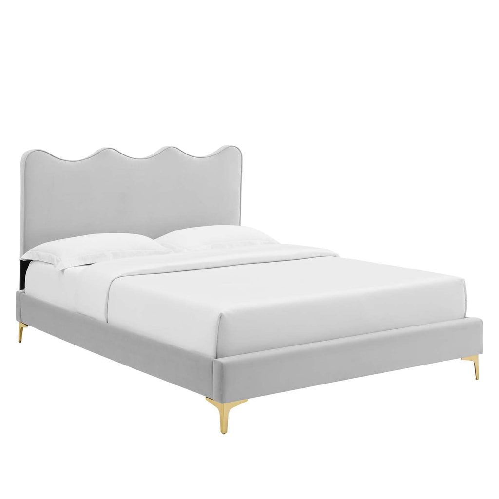 Modway Performance Velvet Full Platform Bed in Light Gray with Gold Legs