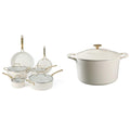 Martha Stewart Lockton Premium Nonstick PFA Free Ceramic Interior 10 Piece Heavy Gauge Enamel Aluminum Pots and Pans Cookware Set - Linen White w/Gold Handle & Gatwick 7 QT Enamel Cast Iron Dutch Oven
