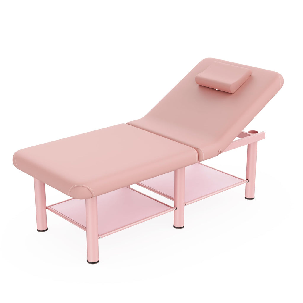 Folding Stationary Massage Table with Backrest and Storage Space for Treatment Table Physical Therapy Table Spa Facial Bed, 6 Round legs Metal Frame PU Leather, 30.5'' Wide × 75'' Long - Pink