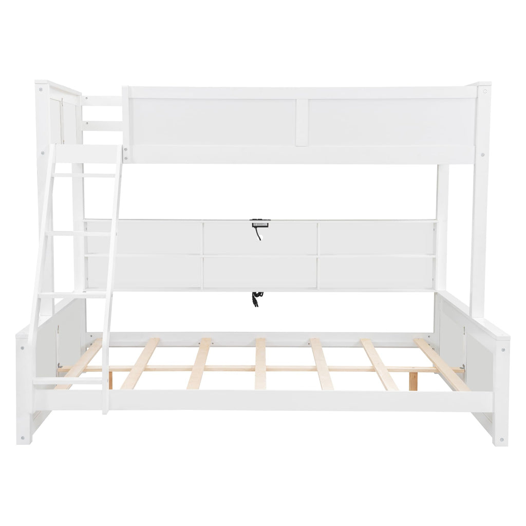 Bellemave Twin XL Over Queen Bunk Bed for Kids/Adults,Bunk Beds with Charging Station and Bookcase,Solid Wood Bunk Beds Twin XL Over Queen for Girls,Boys,Antique White