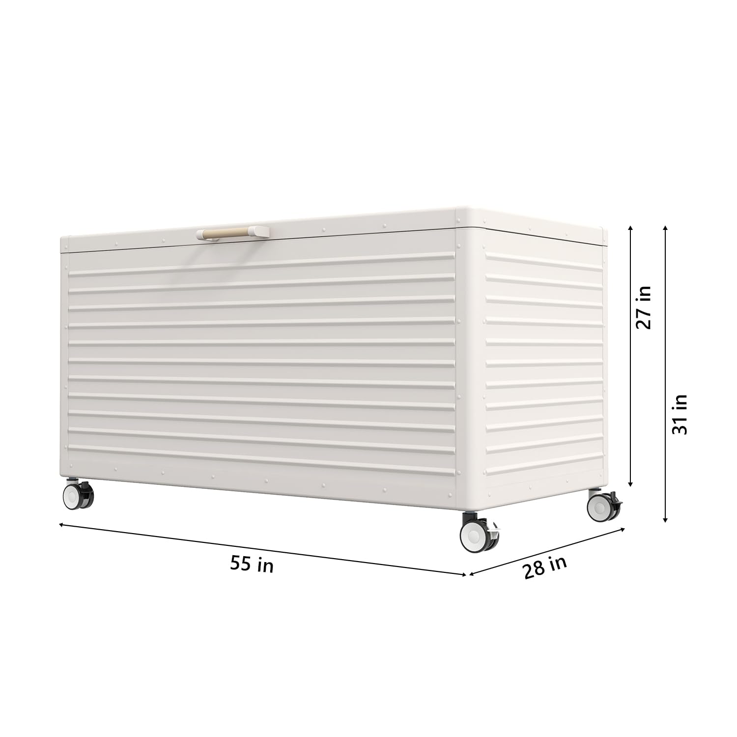 MIRADOR 175 Gallon Outdoor Storage Box with Wheels & Soft-Close Lid, Waterproof Metal Deck Box for Patio Cushions, Garden Tools & Pool Accessories, Latte