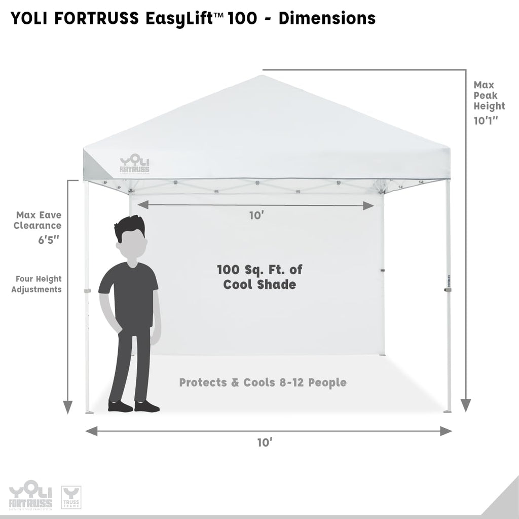 YOLI FORTRUSS EasyLift 10’x10’ Pop Up Instant Canopy with Reinforced Y-Truss Frame, 99% UV Protection, Water Resistant & Fire-Retardant Top, 4 Height Settings with Sidewall and Wheeled Carry Bag