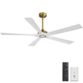WINGBO 60 Inch Ceiling Fan without Light - 5 Carved Solid Wood Blades, 6-Speed Reversible DC Motor, Noiseless Remote Control Ceiling Fan No Light for Bedroom Living Room Kitchen, Gold and White