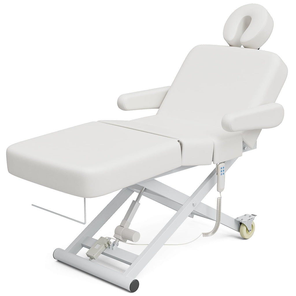 SyyBhb 6.7" Thickened Fully Electric Massage Table Professional for Clients, Customized Angle Adjustable and Electric Lift 3 Motor, Heavy Duty Frame, Exam/Treatment/Spa/Tattoo/Facial, White