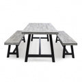 GDFStudio Cassie Outdoor Modern Industrial 3 Piece Acacia Wood Picnic Dining Set with Benches, Sandblasted Light Gray and Black Rustic Metal