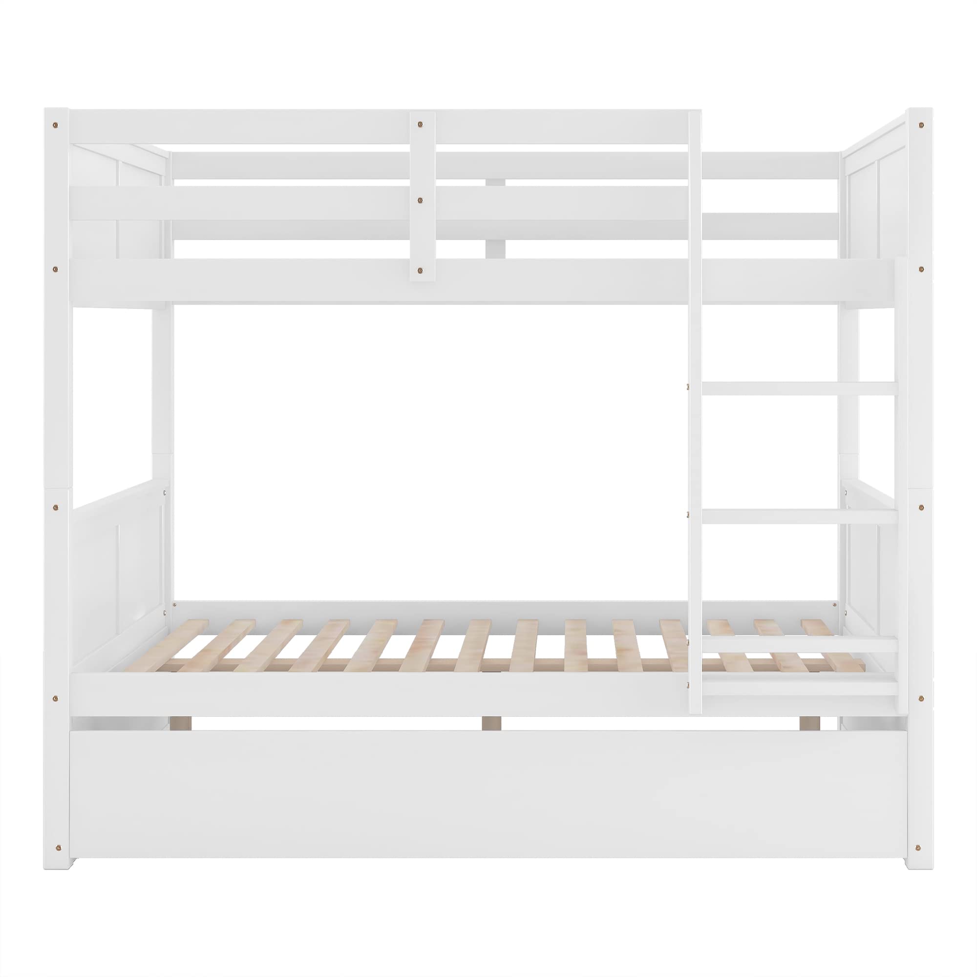 Full Over Full Bunk Bed with Trundle, Wooden Trundle Bed Frame with Ladder Safety Guardrail, Convertible to 2 Platform Beds for Kids Teens, White