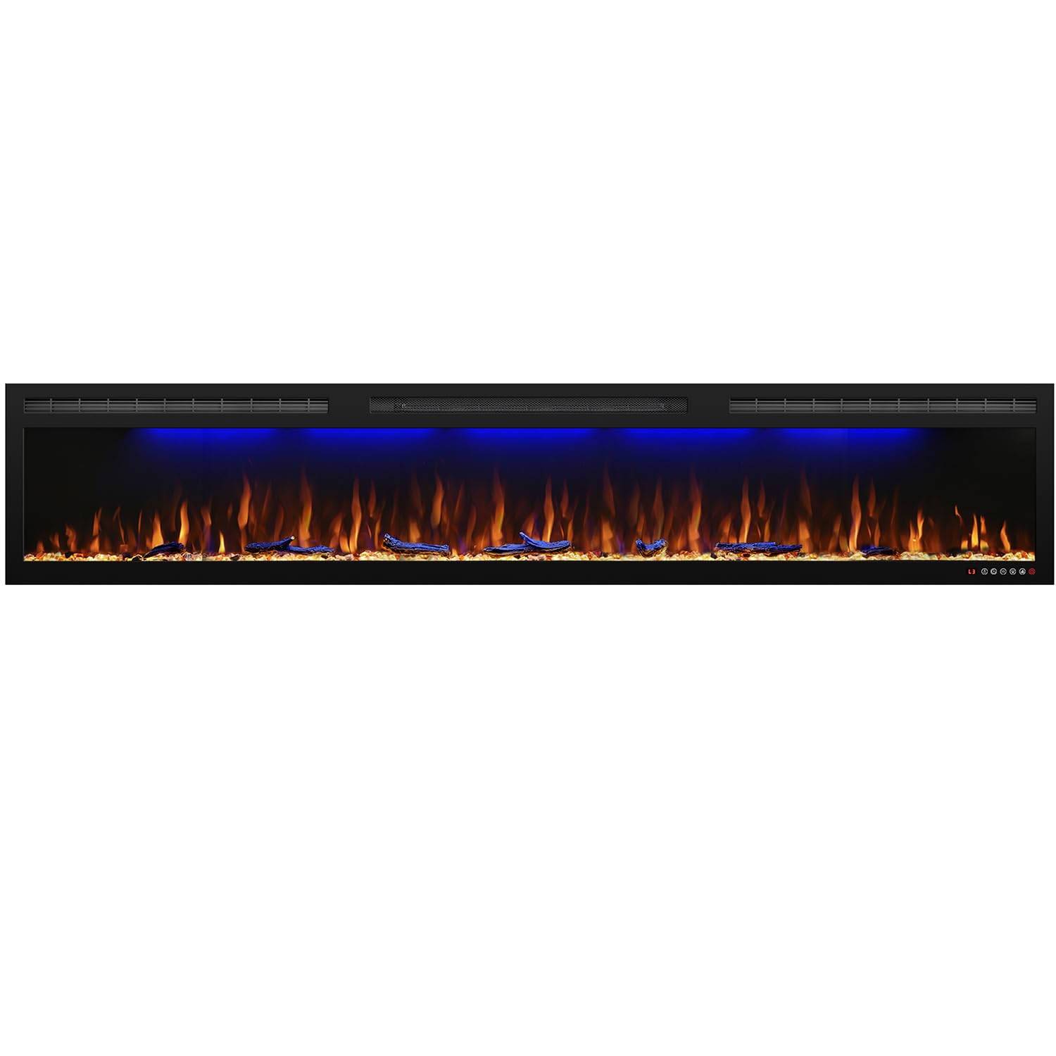 88" Electric Fireplace, Recessed/in-Wall or Wall Mounted, Large Linear 80-90", Ultra-Narrow Frame, 3 Flame Colors & Top Lighting, Timer, Remote, Log & Crystal Media, 1500W Heater