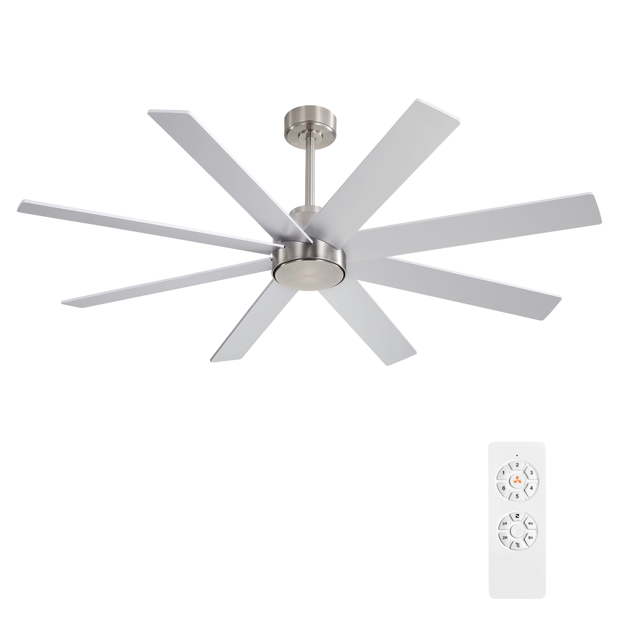 WINGBO 60" Large DC Ceiling Fans without Lights, 3 Downrods, 8 Plywood Blades, 6-Speeds Reversible DC Motor, Indoor Ceiling Fan No Lights for Bedroom Living Room Patio, Brushed Nickel and Silver
