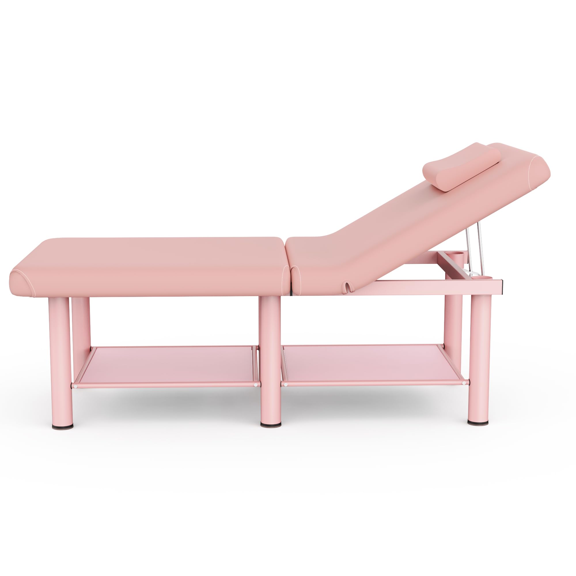 Folding Stationary Massage Table with Backrest and Storage Space for Treatment Table Physical Therapy Table Spa Facial Bed, 6 Round legs Metal Frame PU Leather, 30.5'' Wide × 75'' Long - Pink