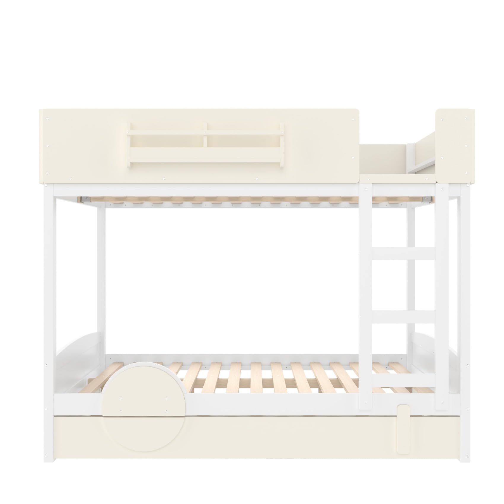 KEIKI Queen Over Queen Size Bunk Bed with Trundle, Pine Solid Wood Triple Bunk Beds Frame with Bookshelf, Guardrail, Slat and Ladders, Automobile Form Design bunkbed for Kids Teens & Adults
