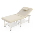 Folding Stationary Massage Table with Backrest and Storage Space for Treatment Table Physical Therapy Table Spa Facial Bed, 6 Round legs Metal Frame PU Leather, 30.5'' Wide × 75'' Long - Beige Gray