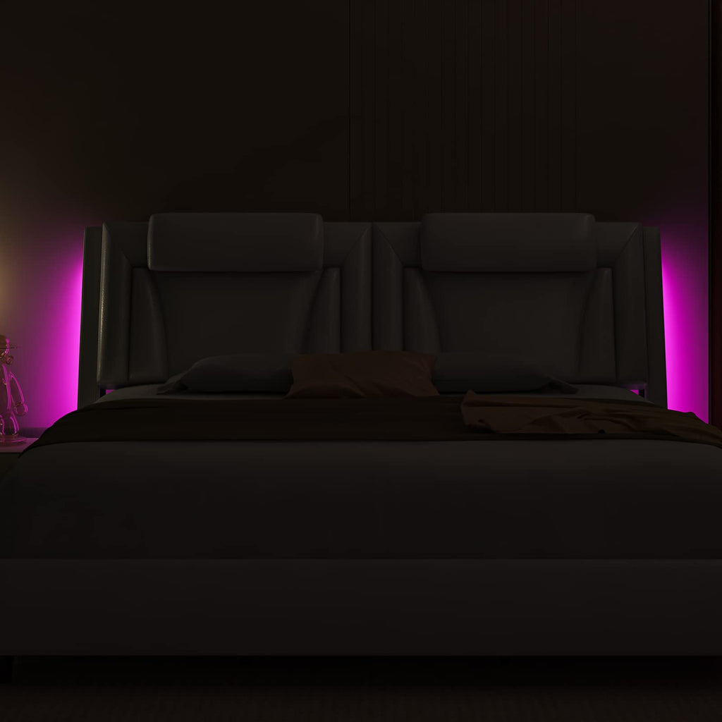 Keyluv King Size LED Bed Frame with Adjustable Headboard & Removable Pillow, PU Leather Upholstered Platform Bed, Wave-Like Curve Safety Design, Solid Wooden Slats Support, Easy Assembly, White