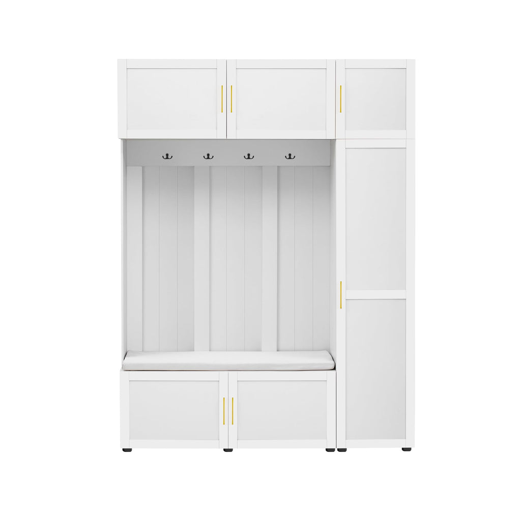 Merax 4-in-1 Hall Tree with Padded Bench, Coat Hooks, and Multi-Tier Storage Shelves – American Style Entryway Organizer for Shoes, Bags, Hats, and Daily Essentials, White