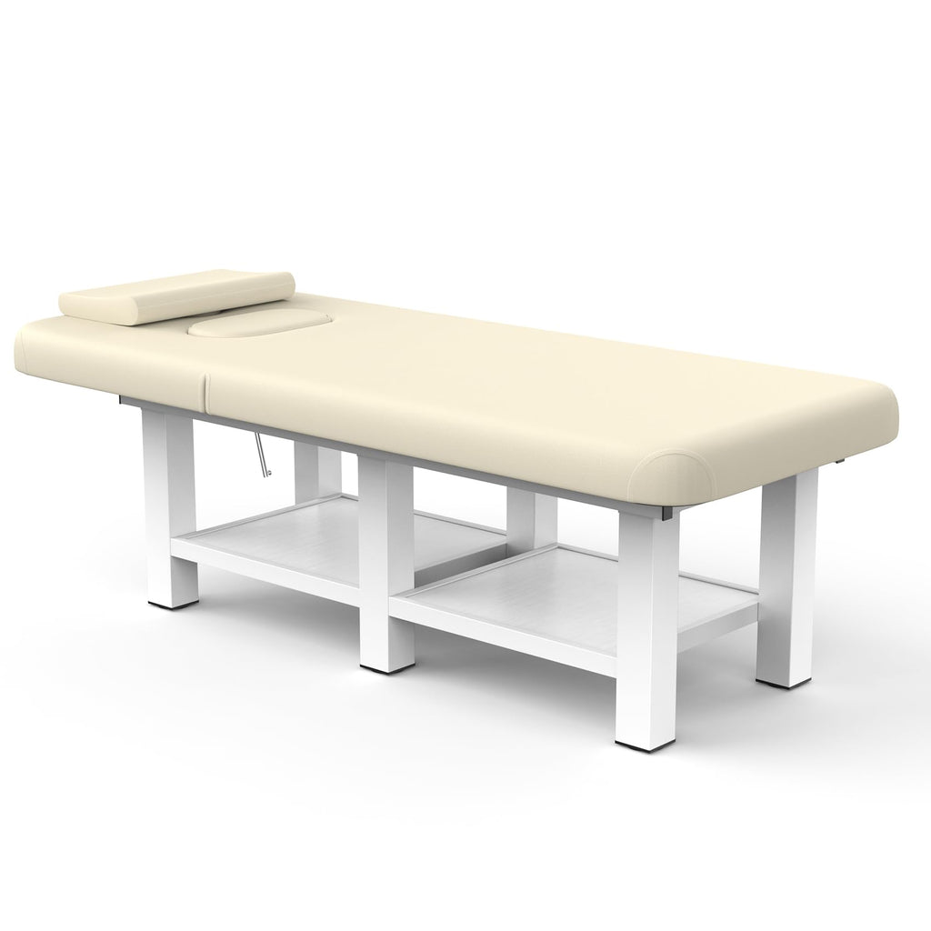 pouseayar Stationary Massage Table, 75”L 31.5''W Heavy Duty Esthetician Bed, 800LBS Metal Frame PU Leather Physical Therapy Table Spa Lash Bed Professional Equipment (Beige Grey)