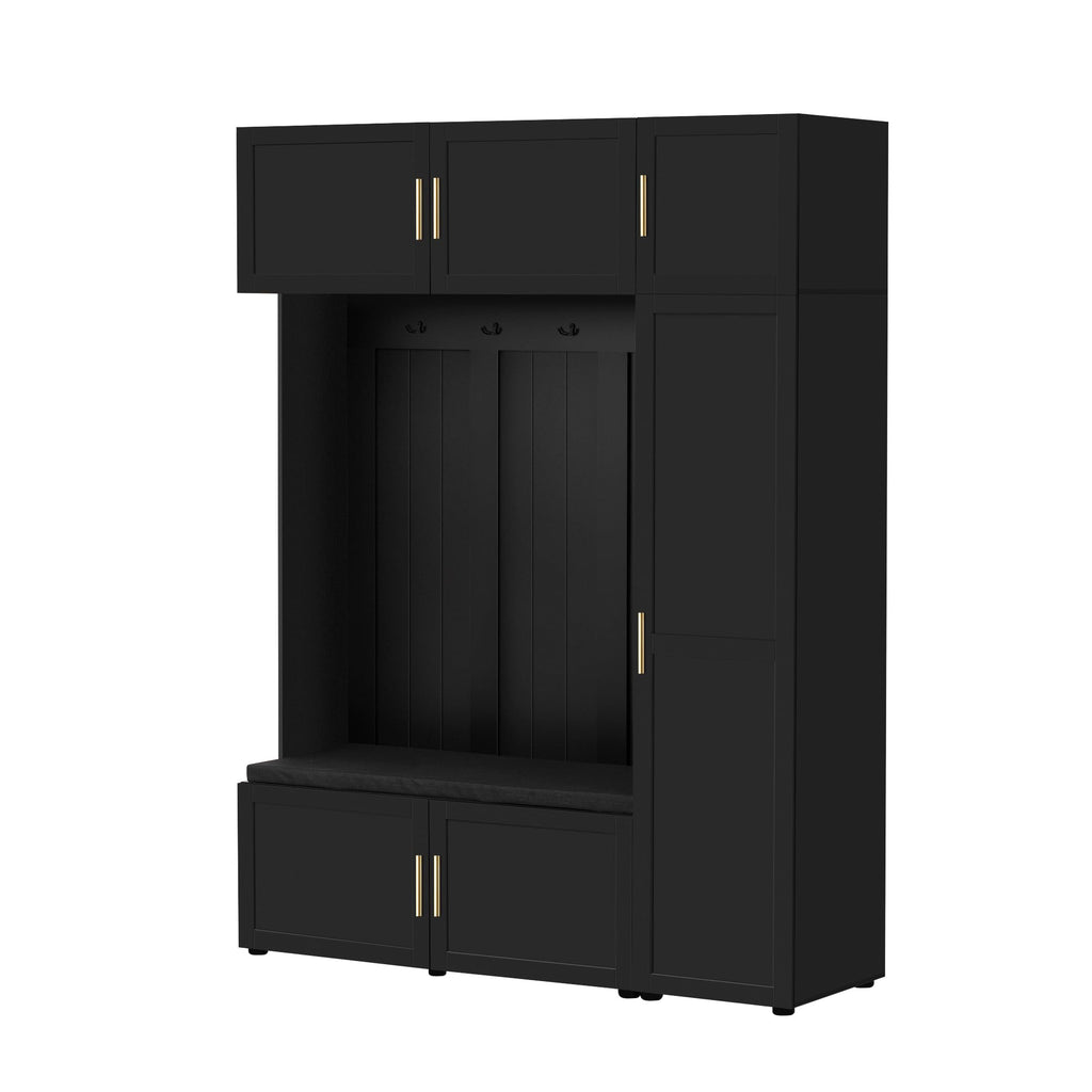 Shaical Hall Tree with Padded Bench and Shoe Storage, 4-in-1 Entryway Bench with Multi-Tier Storage Shelves & Cabinets, 4 Hooks, 79.7" H Wooden Storage Organizer for Entrance, Hallway, Mudroom, Black