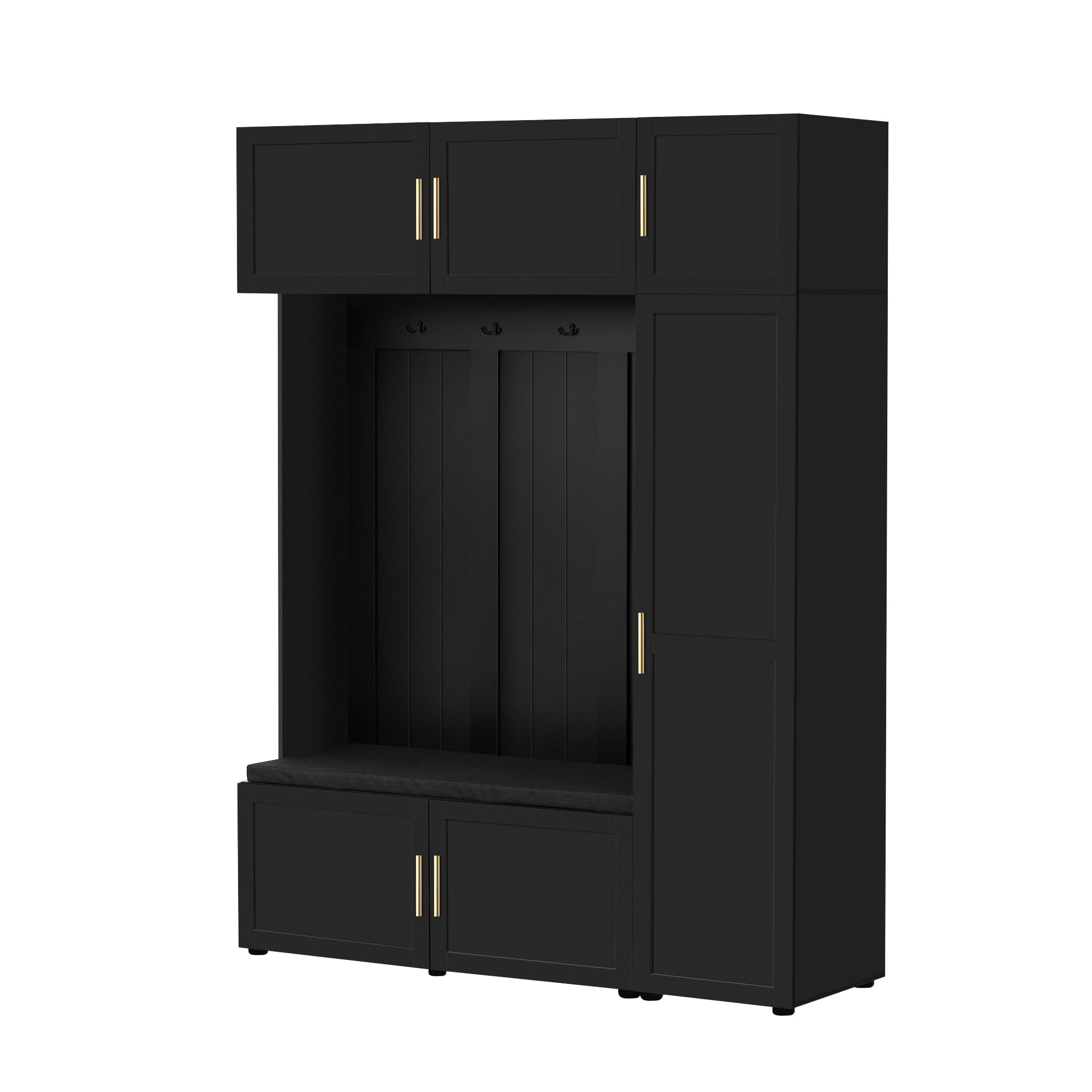 Shaical Hall Tree with Padded Bench and Shoe Storage, 4-in-1 Entryway Bench with Multi-Tier Storage Shelves & Cabinets, 4 Hooks, 79.7" H Wooden Storage Organizer for Entrance, Hallway, Mudroom, Black