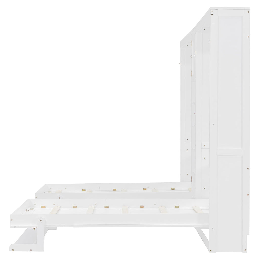Merax Dual Twin Murphy Bed with Cabinets and Shelves, Space Saving Wall Bed with Storage, Foldable Twin Beds with Convertible Shelf Legs for Guest Room, Small Space, White
