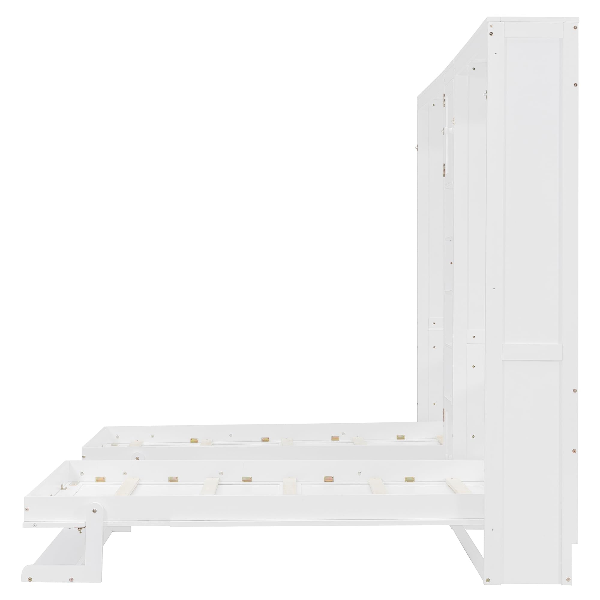Merax Dual Twin Murphy Bed with Cabinets and Shelves, Space Saving Wall Bed with Storage, Foldable Twin Beds with Convertible Shelf Legs for Guest Room, Small Space, White
