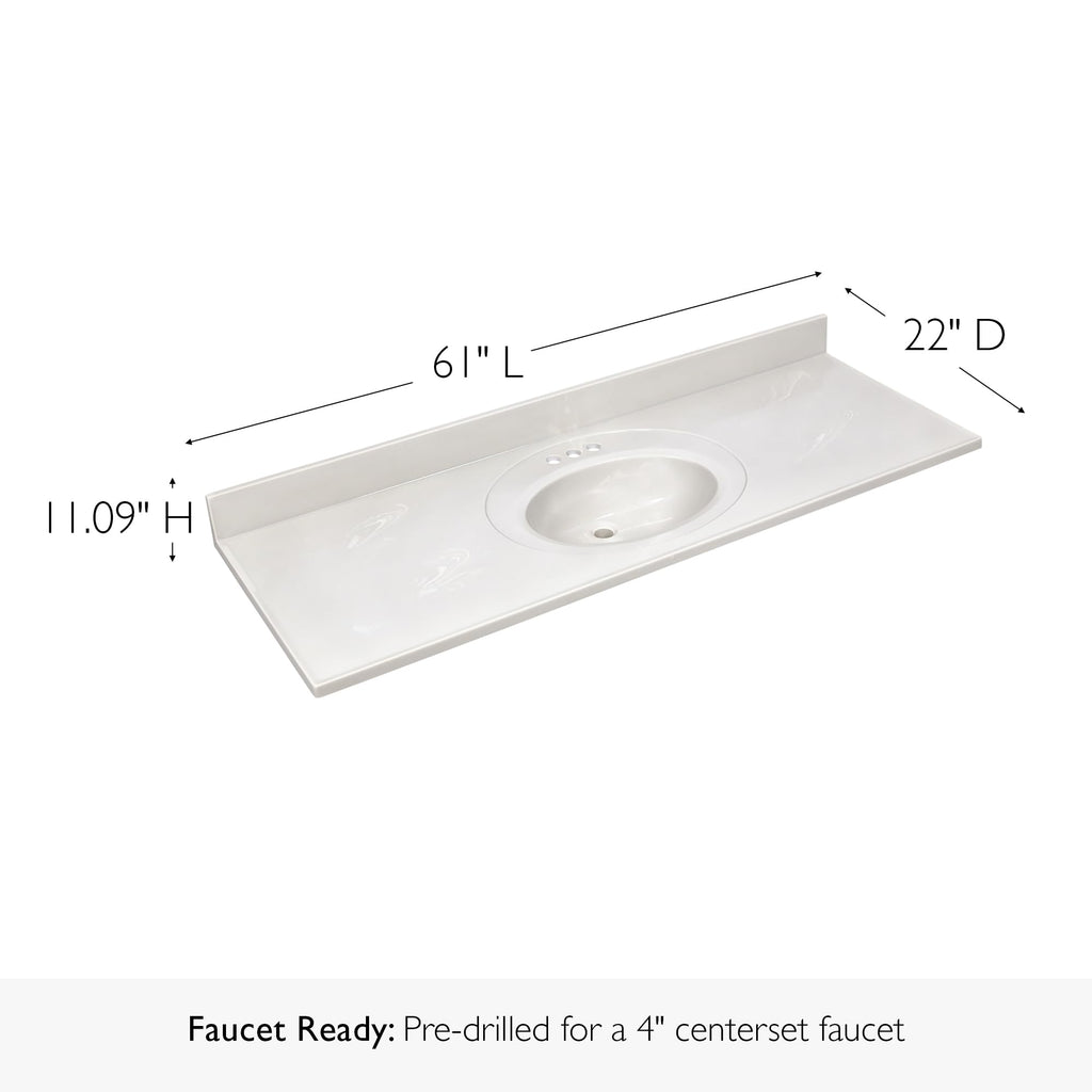 Design House Cultured Marble Vanity Top, 61 in W x 22 in D, Integrated 4 in Centerset Oval Sink & Backsplash, Ivory Swirl, 597419