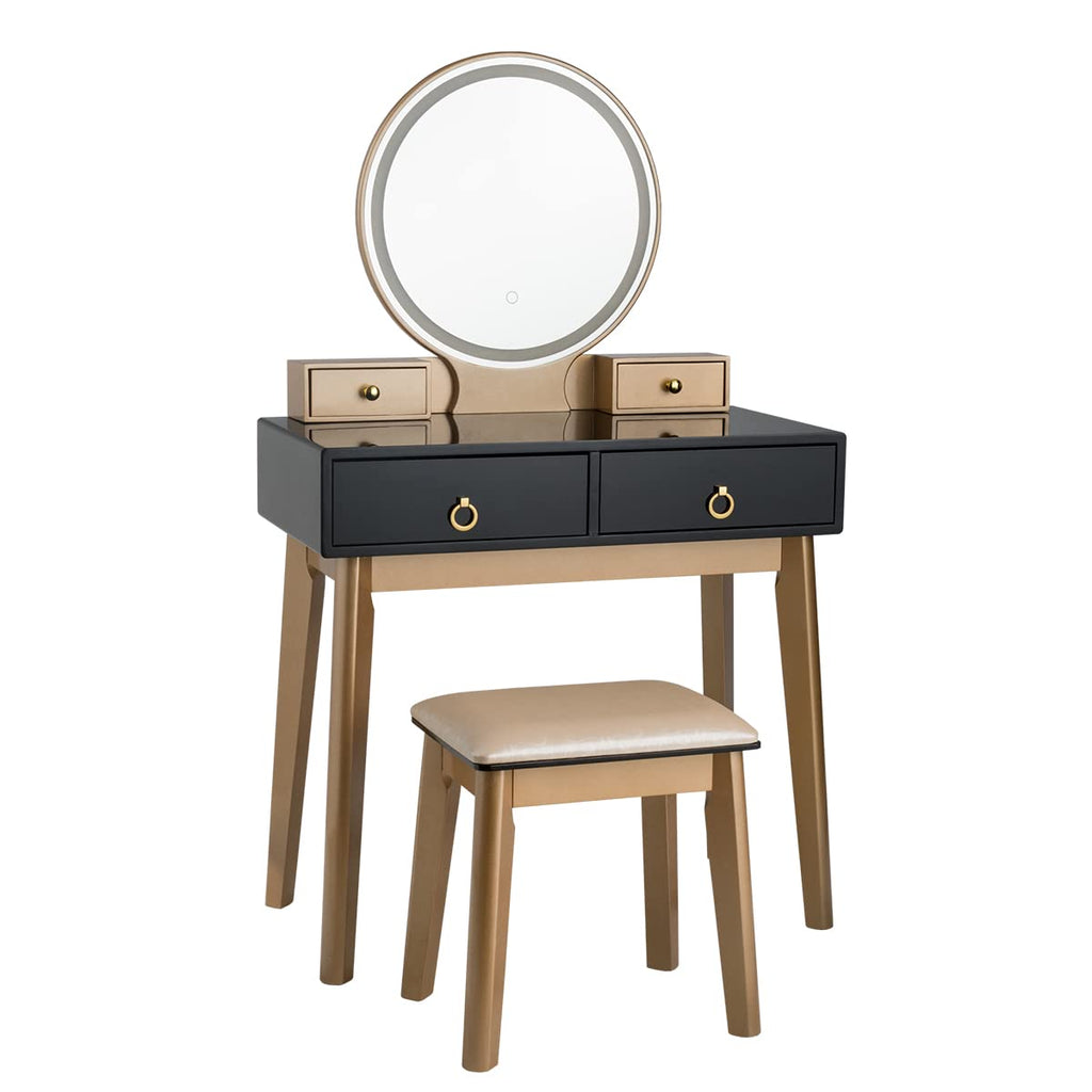 AUGESTER Vanity Set Touch LED Mirror, Dressing Table w/ Brightness Adjustable & 3 Hues Mirror, 4 Sliding Drawers, Well-Padded Stool, Modern Bedroom Makeup Vanity Set Women Girls, Black,white,navy