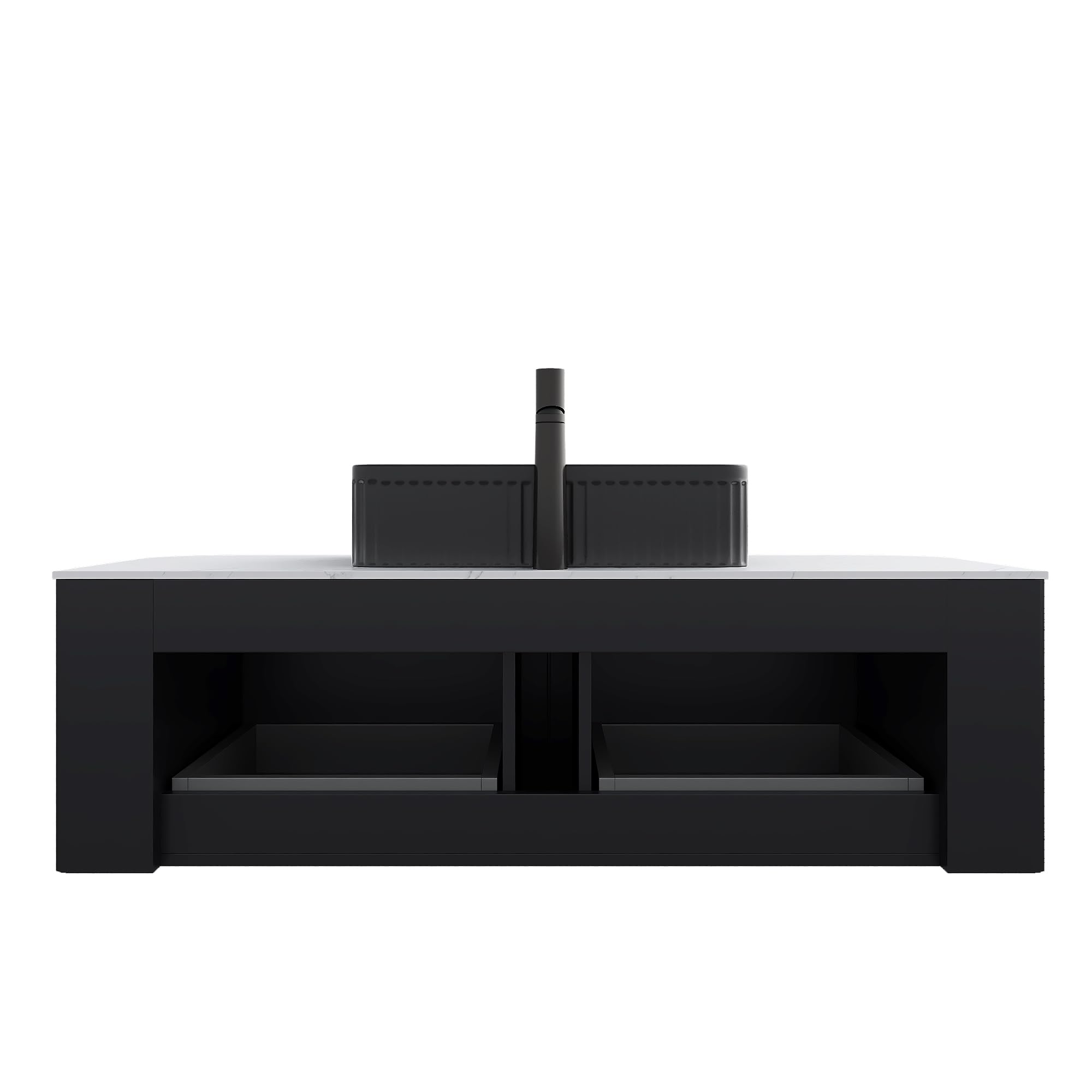 GDFStudio 48" Floating Bathroom Vanity with Sink, DINA Wall Mounted Curved Cabinet, Carrara White Sintered Stone Top, Double Drawer Storage, 3D Striped Finish, Modern Black Rectangular Ceramic Basin