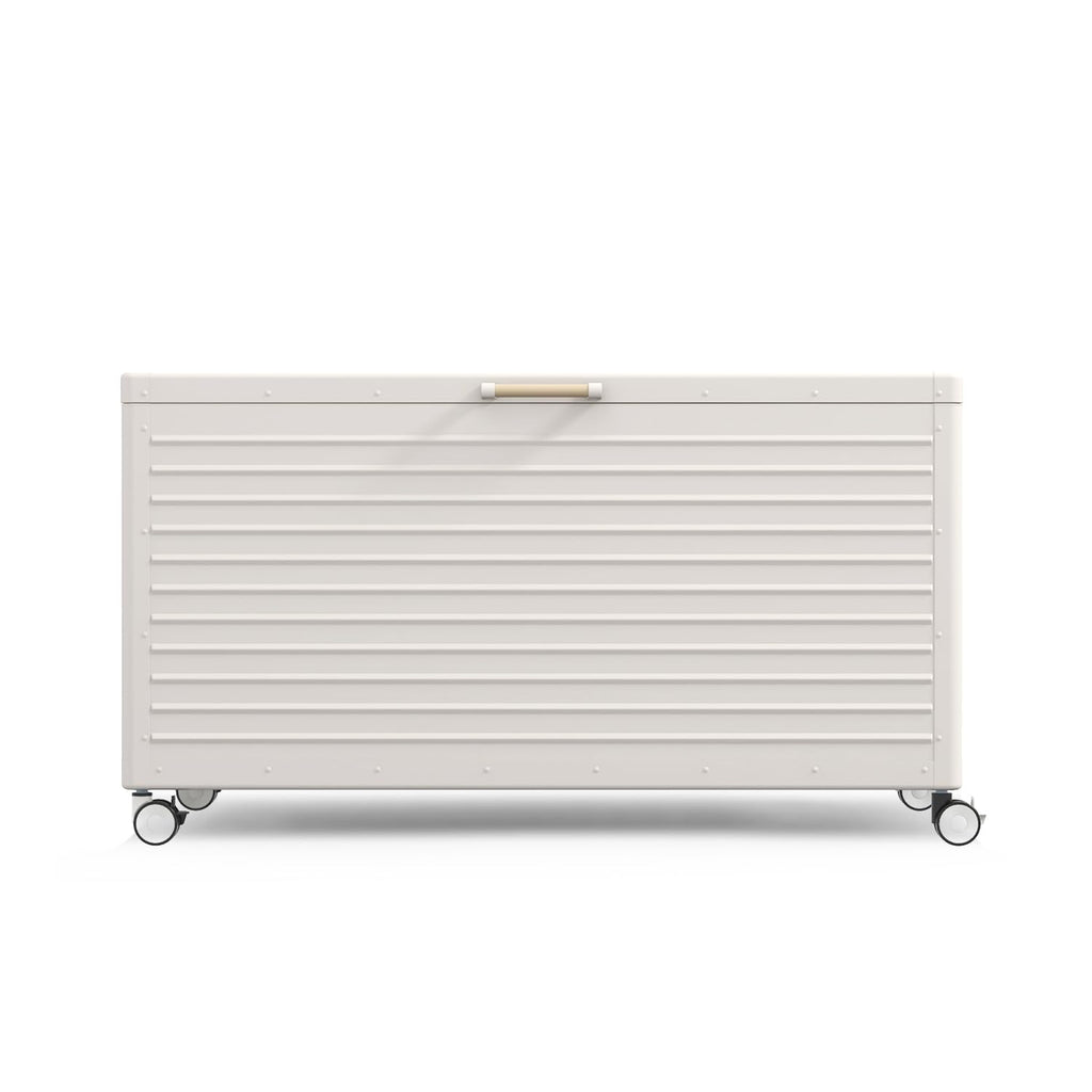 MIRADOR 175 Gallon Outdoor Storage Box with Wheels & Soft-Close Lid, Waterproof Metal Deck Box for Patio Cushions, Garden Tools & Pool Accessories, Latte