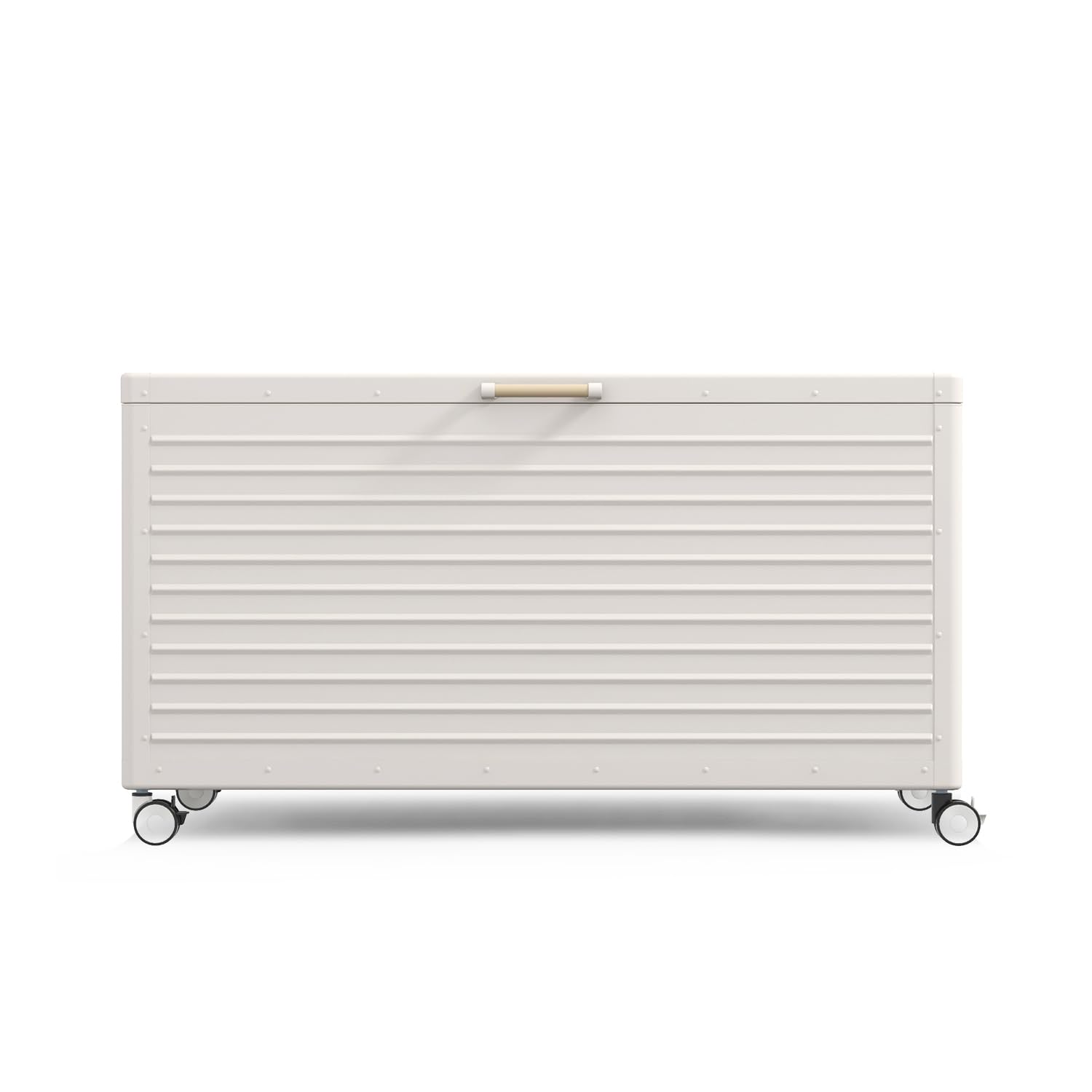 MIRADOR 175 Gallon Outdoor Storage Box with Wheels & Soft-Close Lid, Waterproof Metal Deck Box for Patio Cushions, Garden Tools & Pool Accessories, Latte