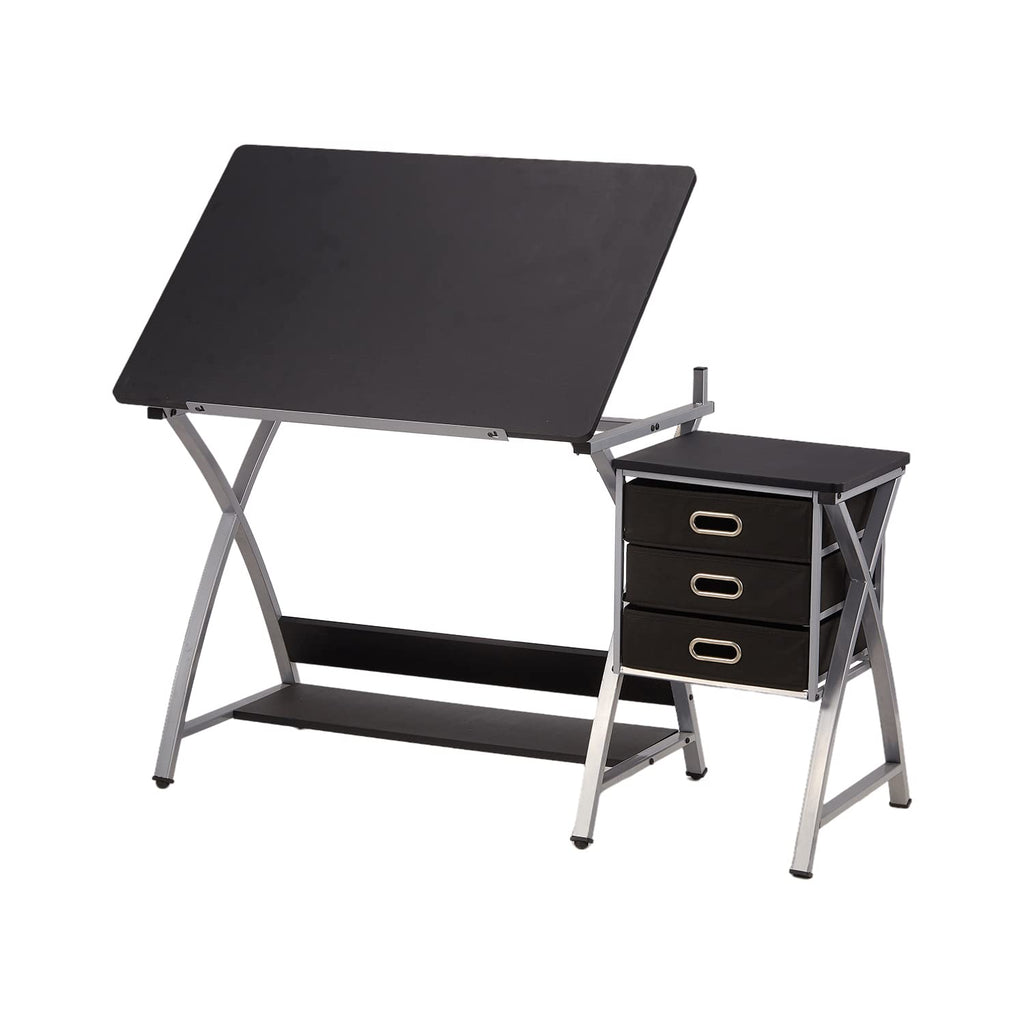 Adjustable Drafting Table for Artists with Stool, Sturdy X-Cross Metal Frame Drawing Table with Storage Drawers, Art Desk with Tilted Tabletop, Craft Station Writing Computer Desk, Black