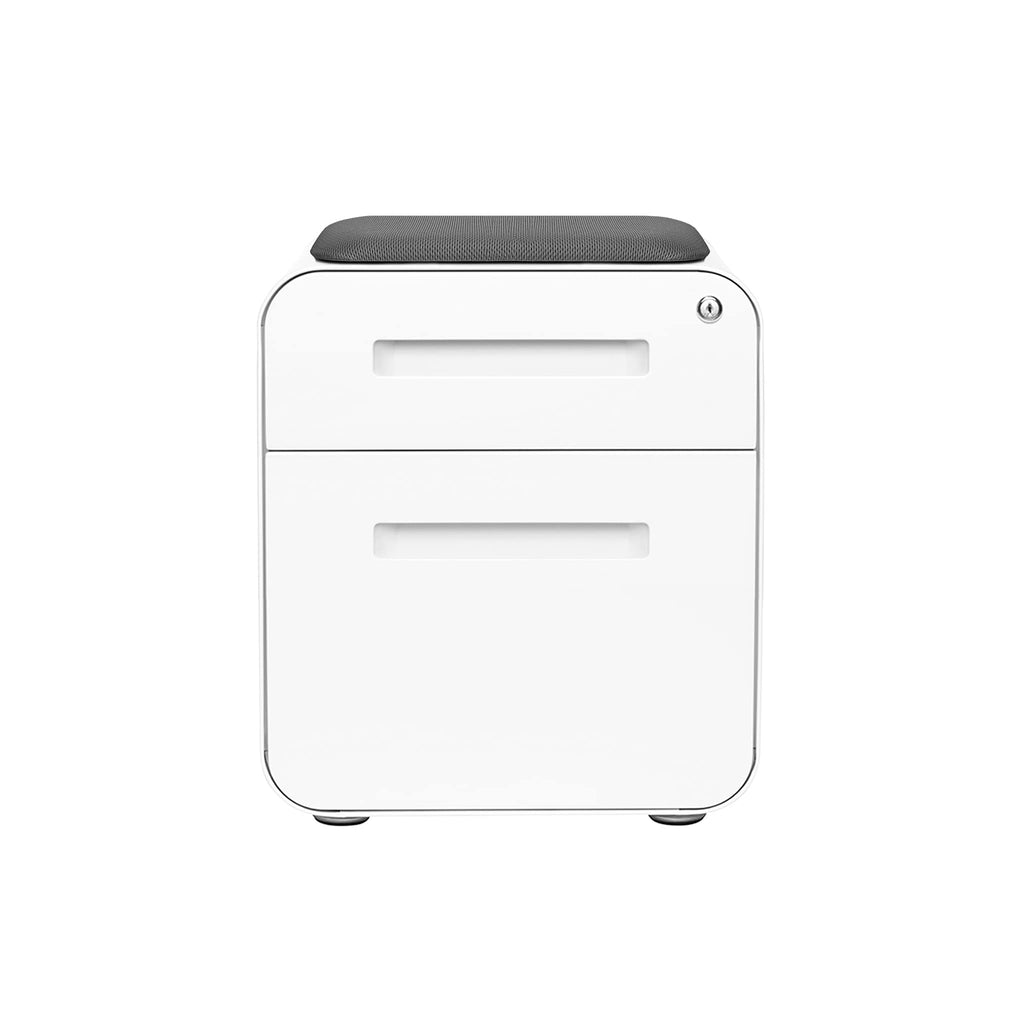 Laura Davidson Furniture STOCKPILE Mini Seated 2 Drawer Mobile File Cabinet with Removable Magnetic Cushion Seat - Short Version, Metal Filing Cabinet, Pre-Assembled, White with Grey Cushion