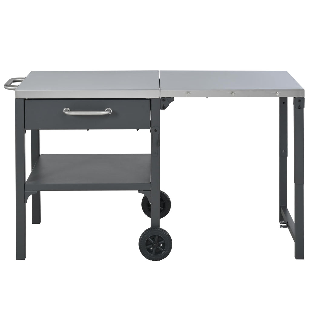 GDFStudio Outdoor Folding Kitchen Cart with Stainless Steel Top, Rolling Grill Prep Table with Drawer and Shelf, Portable Serving Cart with Wheels for Patio Backyard BBQ Cooking Station, Grey