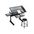 Hand Crank Adjustable Drafting Table Drawing Desk with 2 Metal Drawers (Black) with Stool