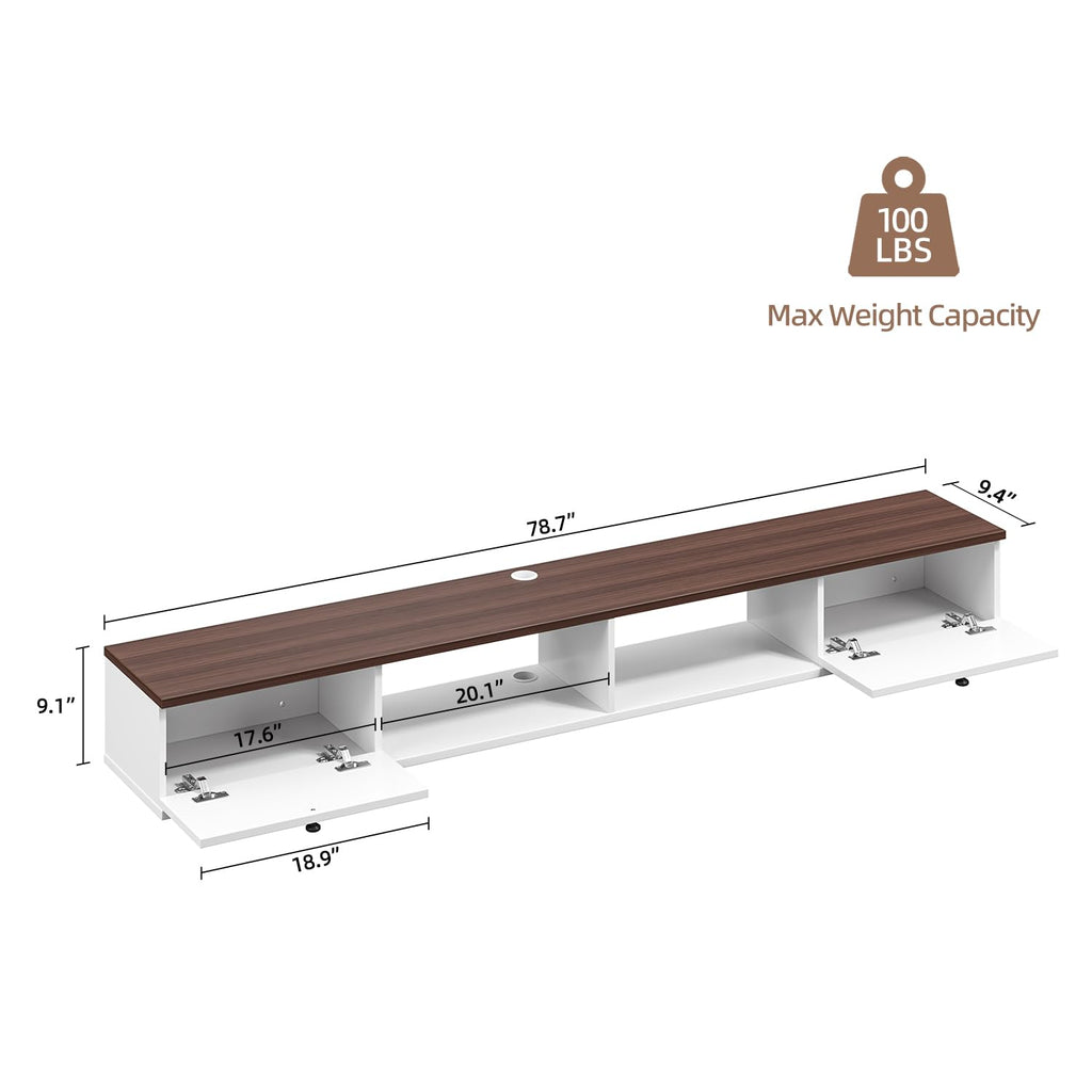 FloatiCasa Floating TV Stand,Plywood Wall Mounted Media Console with 2 Doors & Open Storage,Modern Under TV Cabinet for Living Room & Bedroom,White & Walnut, 78 inch