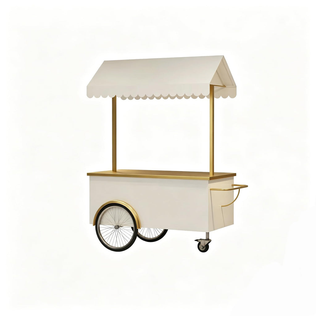 FUNEWBO Luxury White Gold Vendor Cart with Scalloped Awning,Wheeled Food Display Trolley,Elegant Serving Cart for Wedding,Party & Small Business(47.2 * 27.5 * 78.7in, White)