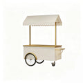 FUNEWBO Luxury White Gold Vendor Cart with Scalloped Awning,Wheeled Food Display Trolley,Elegant Serving Cart for Wedding,Party & Small Business(47.2 * 27.5 * 78.7in, White)