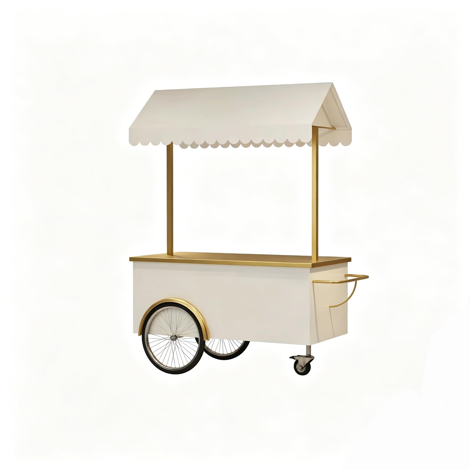 FUNEWBO Luxury White Gold Vendor Cart with Scalloped Awning,Wheeled Food Display Trolley,Elegant Serving Cart for Wedding,Party & Small Business(47.2 * 27.5 * 78.7in, White)