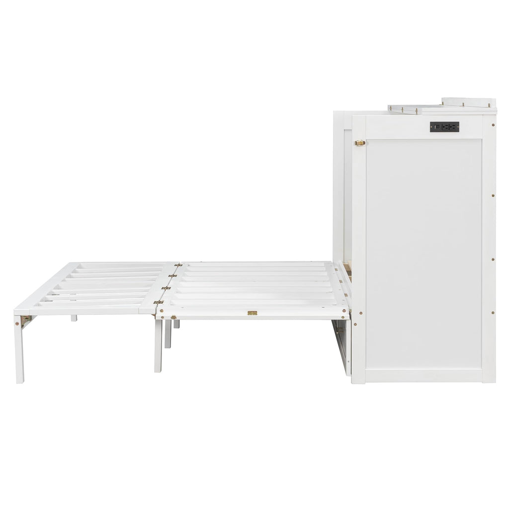 Merax Queen Size Murphy Cabinet Bed with Storage Drawers, Wall Murphy Bed with a Set of Sockets & USB Ports, Folding Platform Bed for Small Room