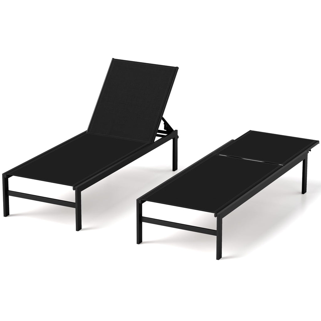 HAPPYGRILL Aluminum Chaise Lounge Chair, Heavy-Duty Patio Recliner W/ 6-Level Backrest & Breathable Fabric, Outdoor Lightweight Reclining Lounge Chair for Backyard, Poolside, Porch (2, Black)