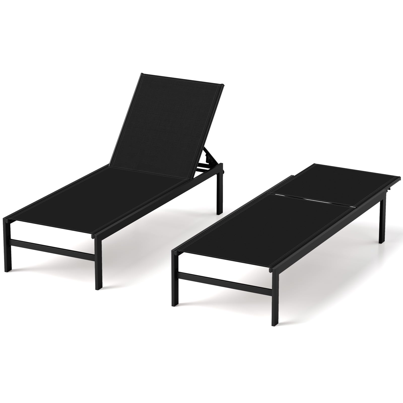 HAPPYGRILL Aluminum Chaise Lounge Chair, Heavy-Duty Patio Recliner W/ 6-Level Backrest & Breathable Fabric, Outdoor Lightweight Reclining Lounge Chair for Backyard, Poolside, Porch (2, Black)