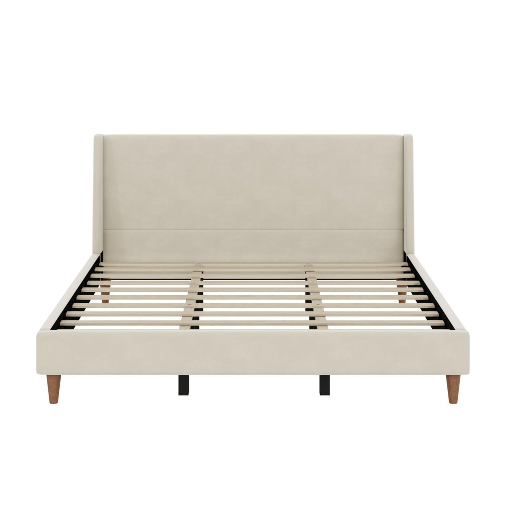 Merax Solid Wood King Size Velvet Bed Frame with Wingback Headboard, Modern Upholstered Platform with Walnut Wooden Legs, Strong Wooden Slats, No Box Spring Needed, Beige