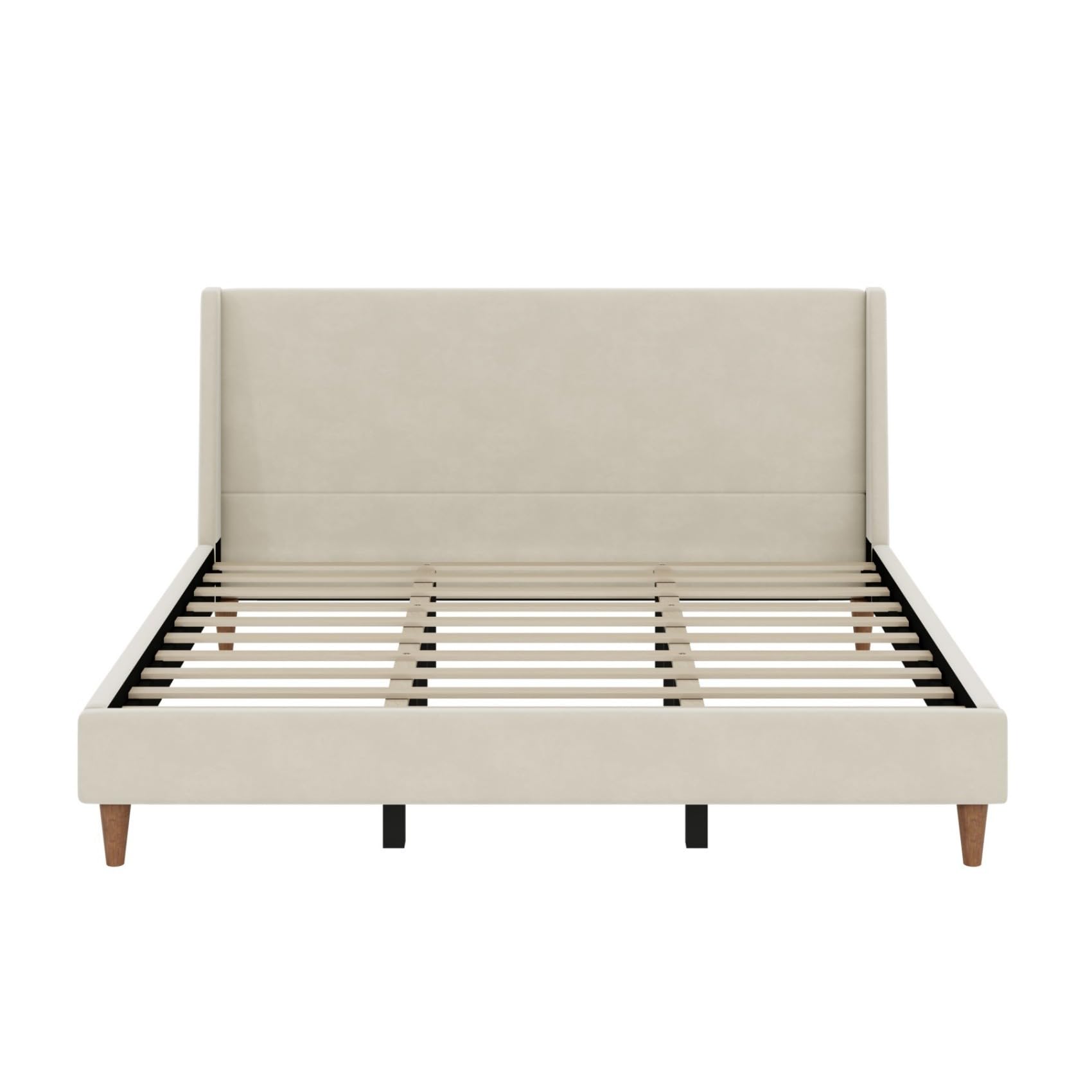 Merax Solid Wood King Size Velvet Bed Frame with Wingback Headboard, Modern Upholstered Platform with Walnut Wooden Legs, Strong Wooden Slats, No Box Spring Needed, Beige