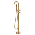 Freestanding Tub Filler Faucet, Floor Mount Brushed Gold Bathtub Faucet with Single Handheld Shower, Brass Shower Tub Faucet Set Complete, Bathtub Faucet with Shower