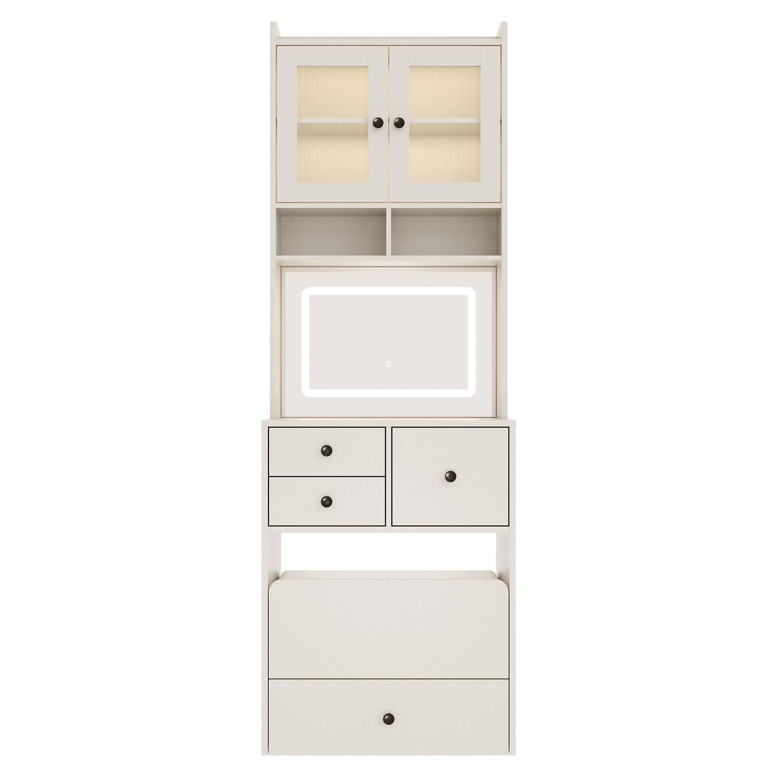 GarveeHome 3-in-1 Vanity Desk with LED Mirror & Chair – Tall Makeup Vanity Set with 2 AC Outlets & USB-c Port – Storage Drawers with Acrylic Doors, Jewelry Organizer & Nightstand Function