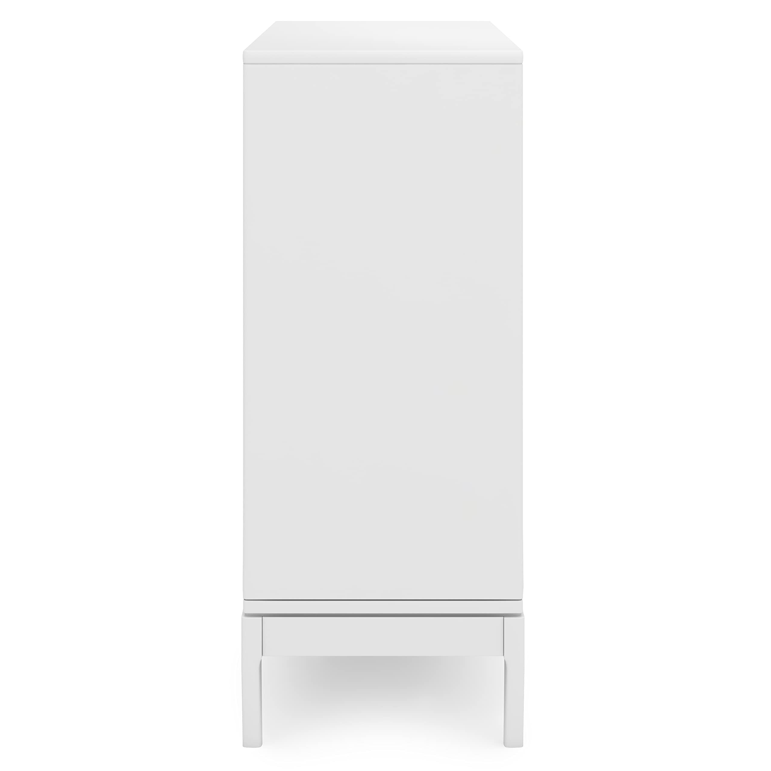 SIMPLIHOME Harper Medium Storage Cabinet - 48 inch Wide Solid Hardwood Sliding Door Cabinet in White, Mid-Century Modern Cupboard for Living Room or Entryway with 3 Drawers and Tapered Legs
