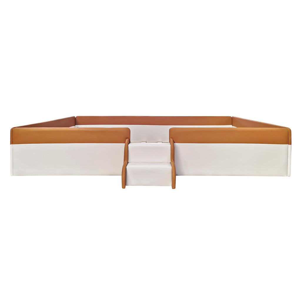 Merax Queen Size Upholstered Kids Daybed Frame with Fence and Stairs, Wood Bed for Living Room, Floor Bed, White+Brown